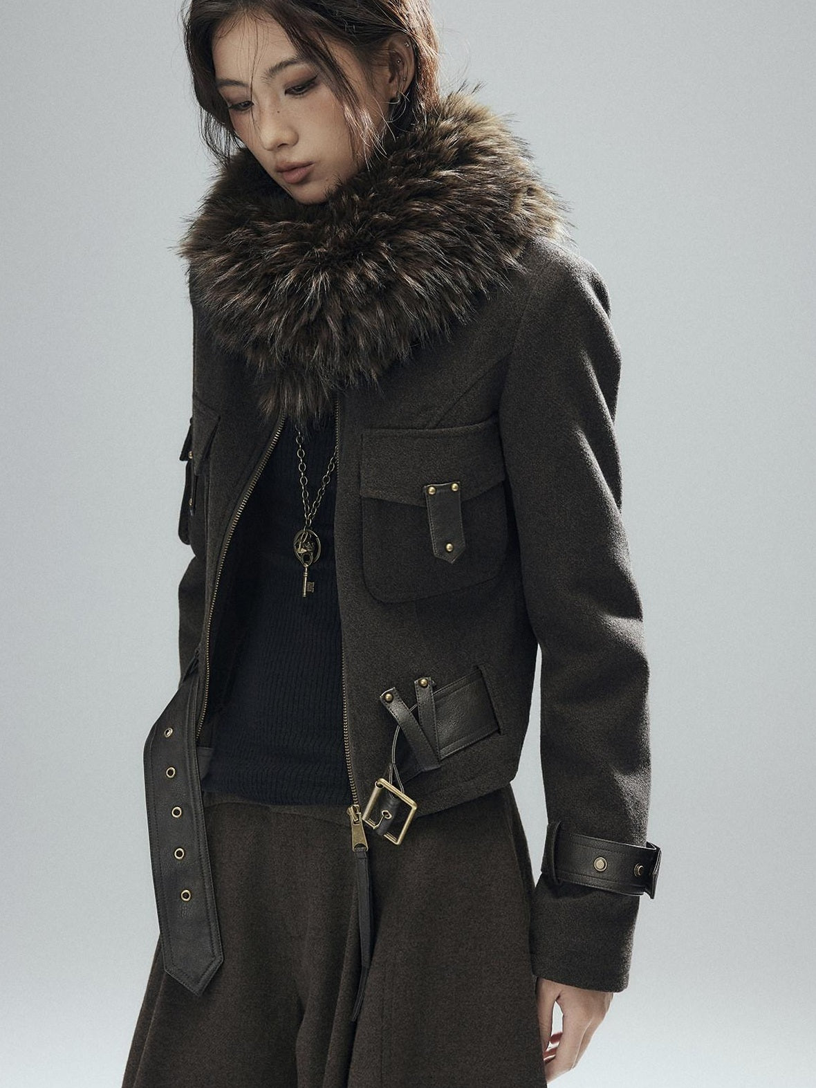 Low pixel Thick Wool Blend Slim Fit Sexy Lapel Zipper Brown Everyday Women Cropped Jackets
