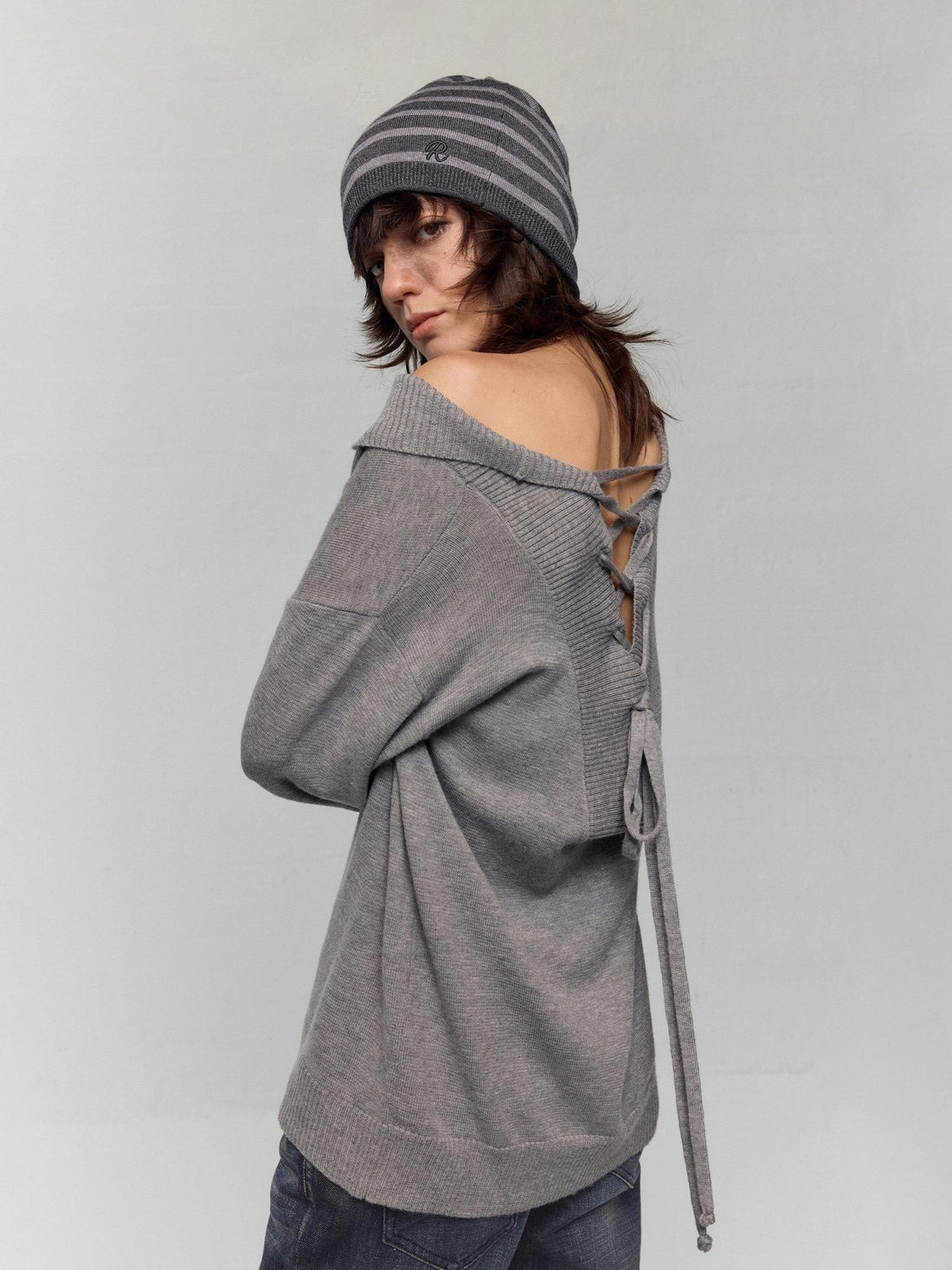 RUN TO THE FUTURE Vintage Commuter Loose Tie Asymmetric Neck Women Grey Knit Long Sleeve T-Shirts