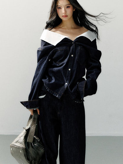 7Shiftin Cotton One Shoulder Casual Relaxed Long Sleeve Cropped Button Deep Blue Blouses
