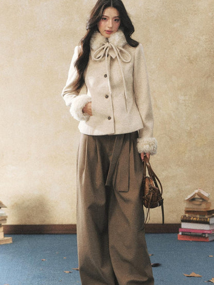 7Shiftin Pleated Wool Blend Natural Waist Casual Straight Hem Khaki Women Wide Leg Pants