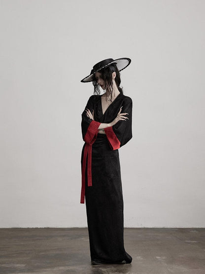 INDULGE Gothic V-neck Viscose Flared Loose Casual Womens Black Trench Coats