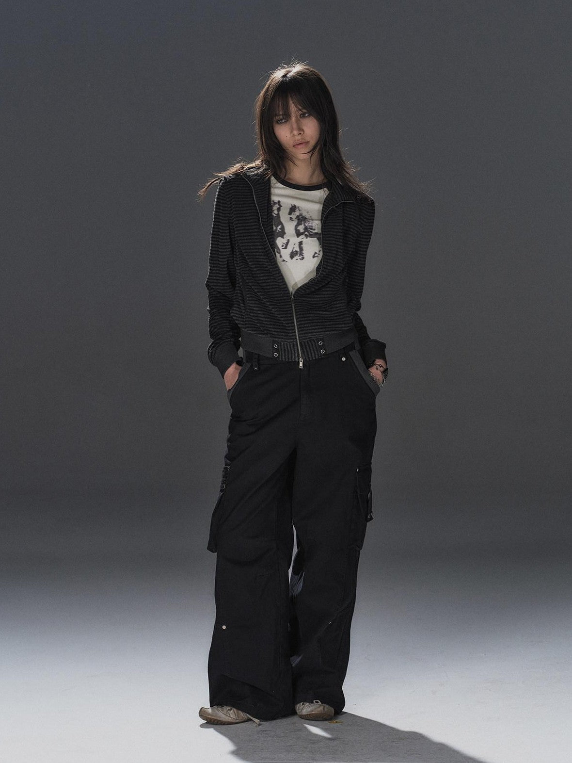 wear And tear Black Gray Striped Eyelet Tape Splice Punk Women&