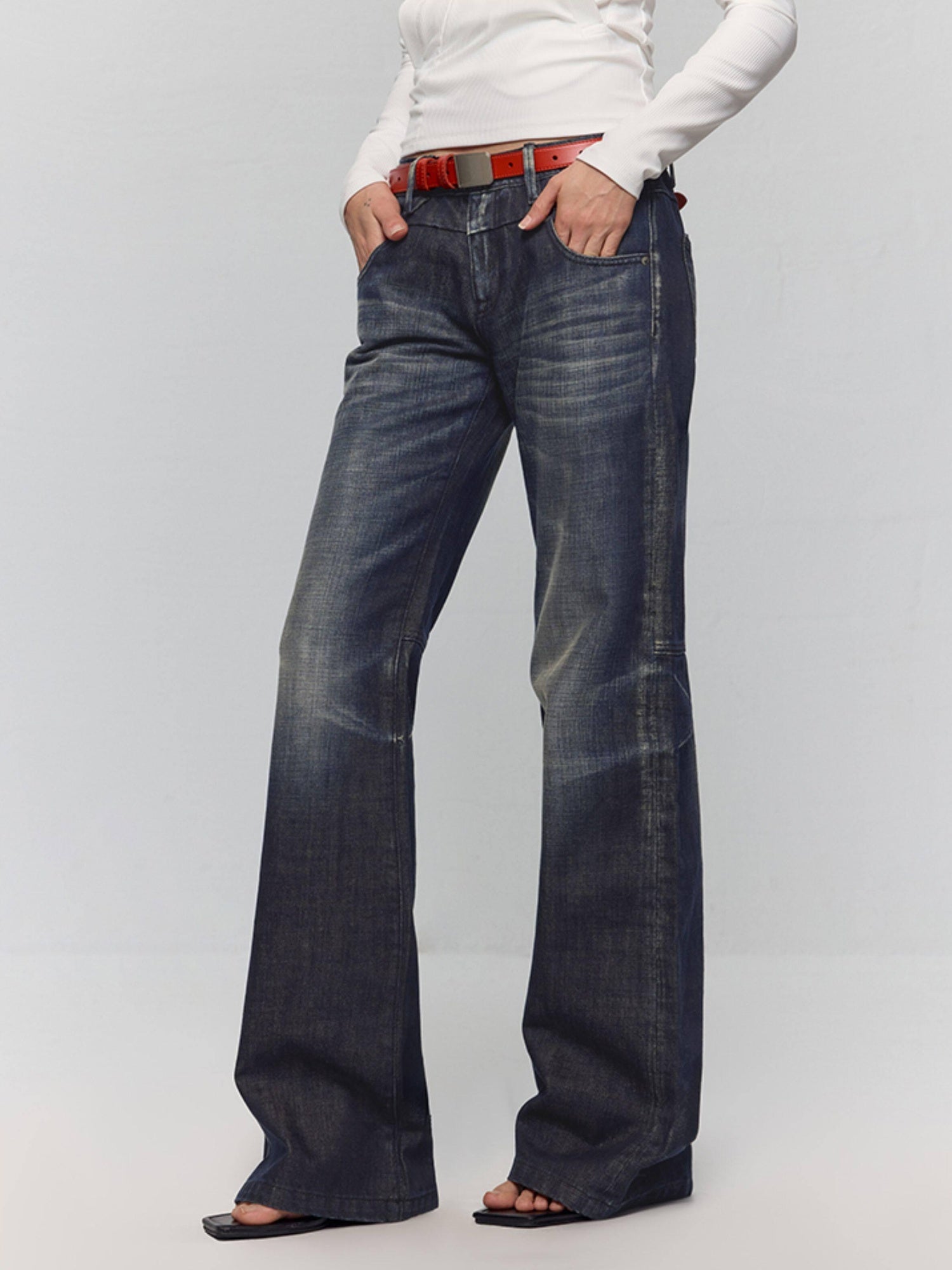 RUN TO THE FUTURE Washed Low Rise Loose Fit Casual Womens Black Stretch Denim Straight Jeans