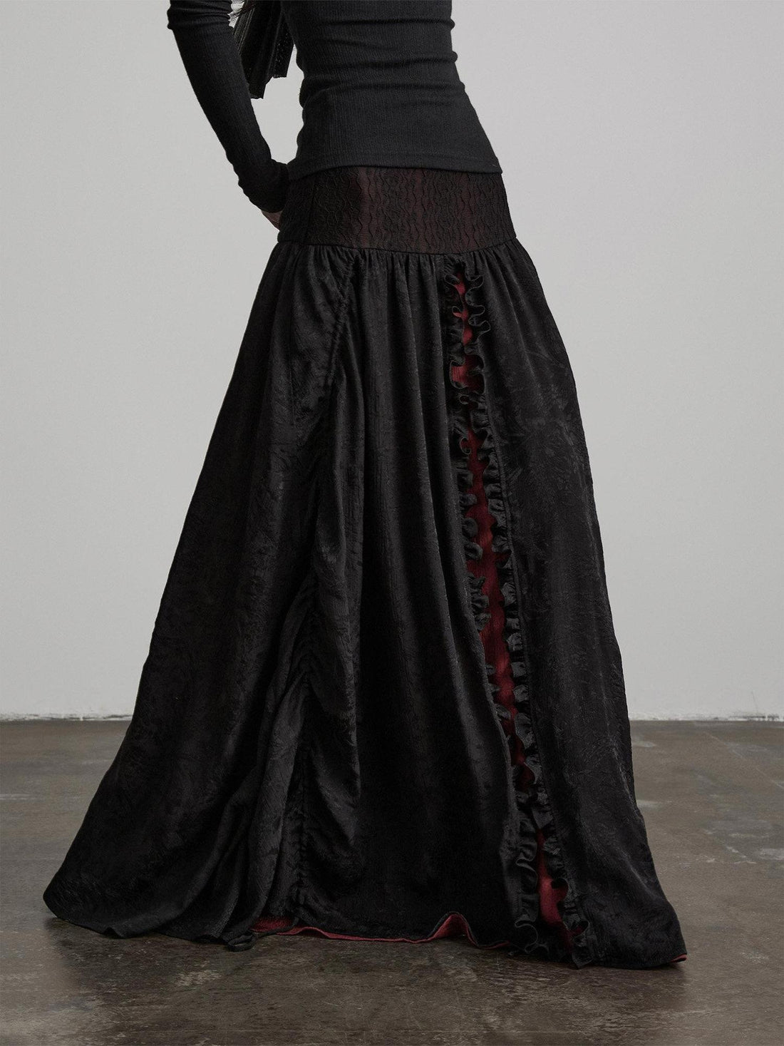 INDULGE Soft Comfy Rayon Ruffle Hem Gothic A Line Side Zipper Black Tiered Skirts