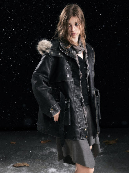 Cest Nous Fur Collar Hooded Utility Distressed Women&