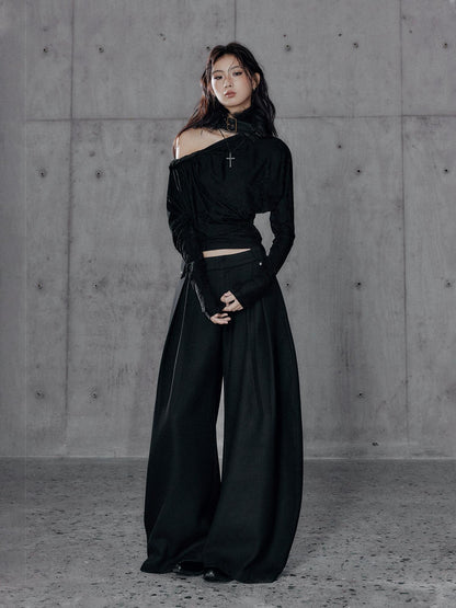 Low pixel Vintage Waist Long Sleeve Slant Neck Black Knit Women Off Shoulder Crop Tops
