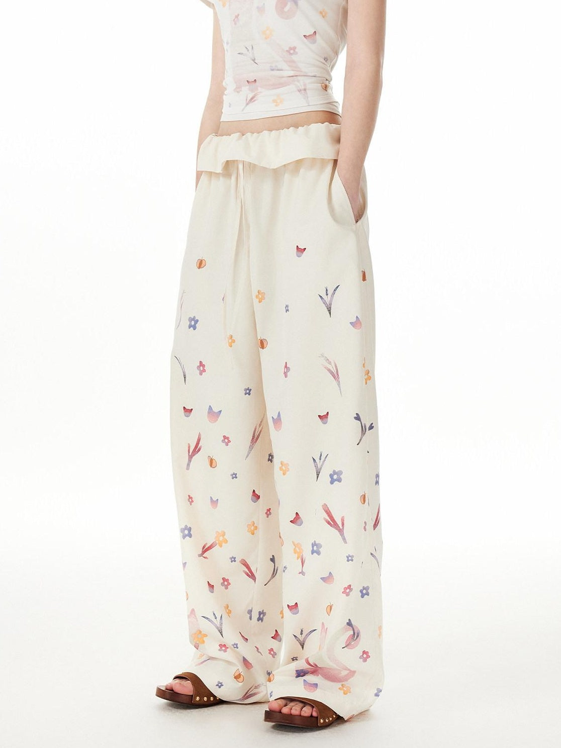 OuttheBlue Cute Cat Floral Print Sweet Natural Waist Long Polyester Women Straight Pants