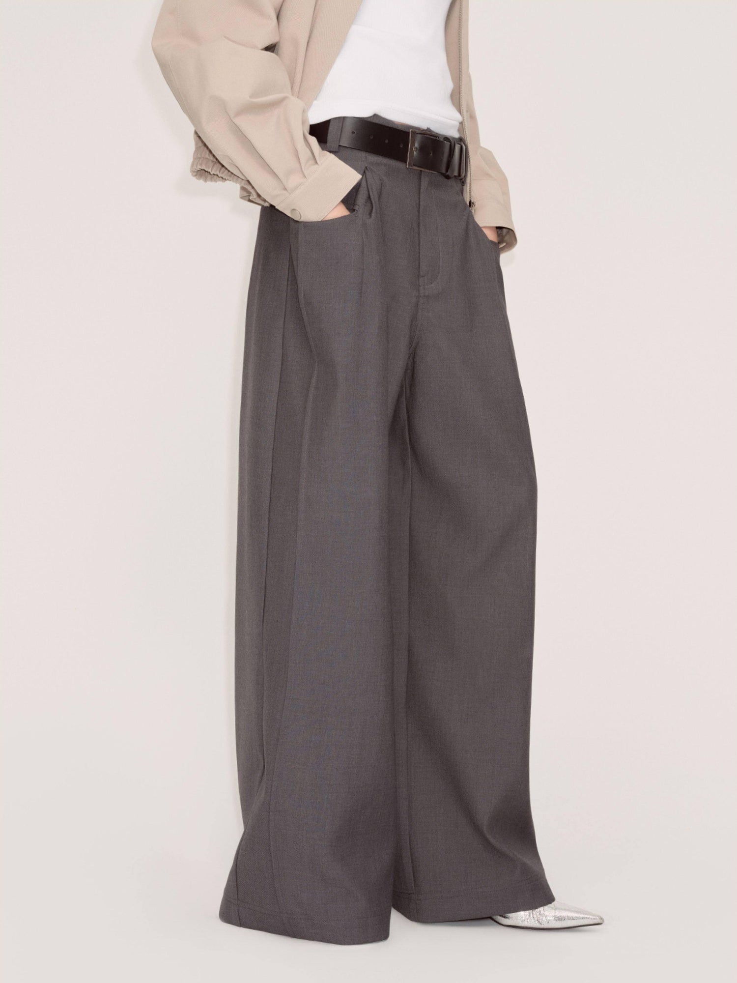RUN TO THE FUTURE Minimalist Original Low Waist Women High Gray Poly Viscose Wide-Leg Pants
