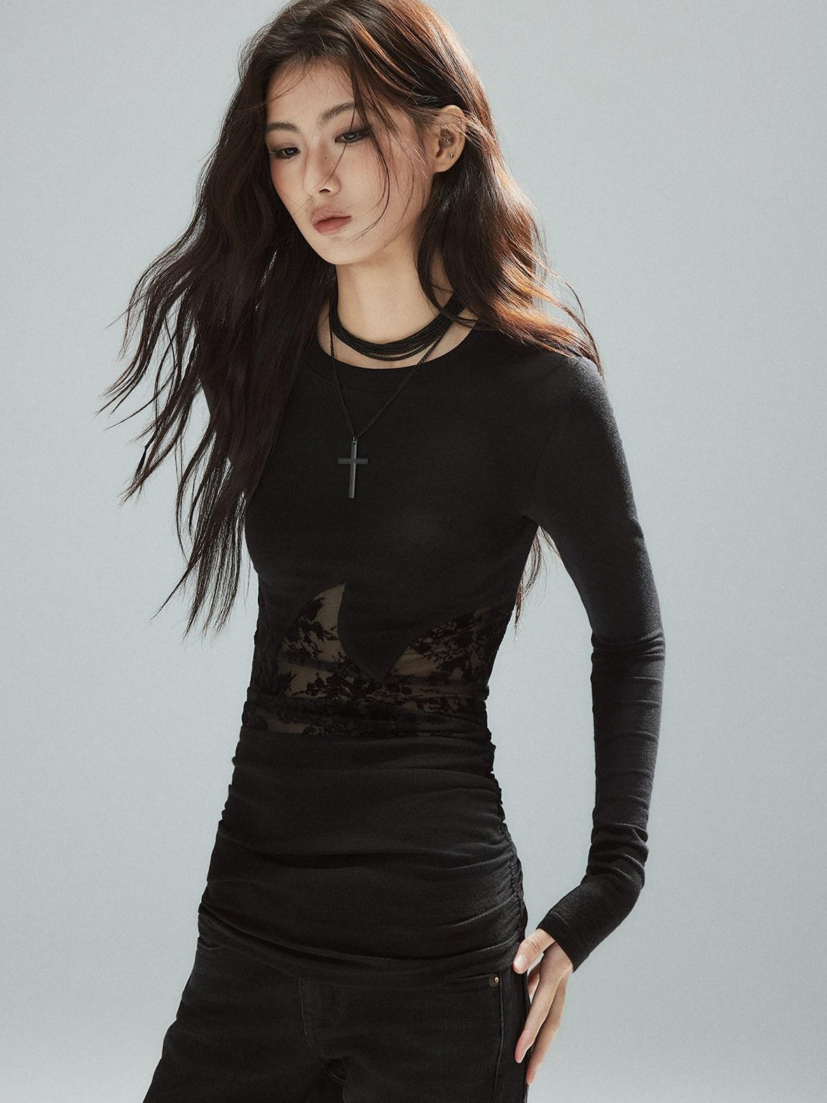 Low pixel Asymmetrical Patchwork Slim Streetwear Black Lyocell Long Sleeve T-Shirts