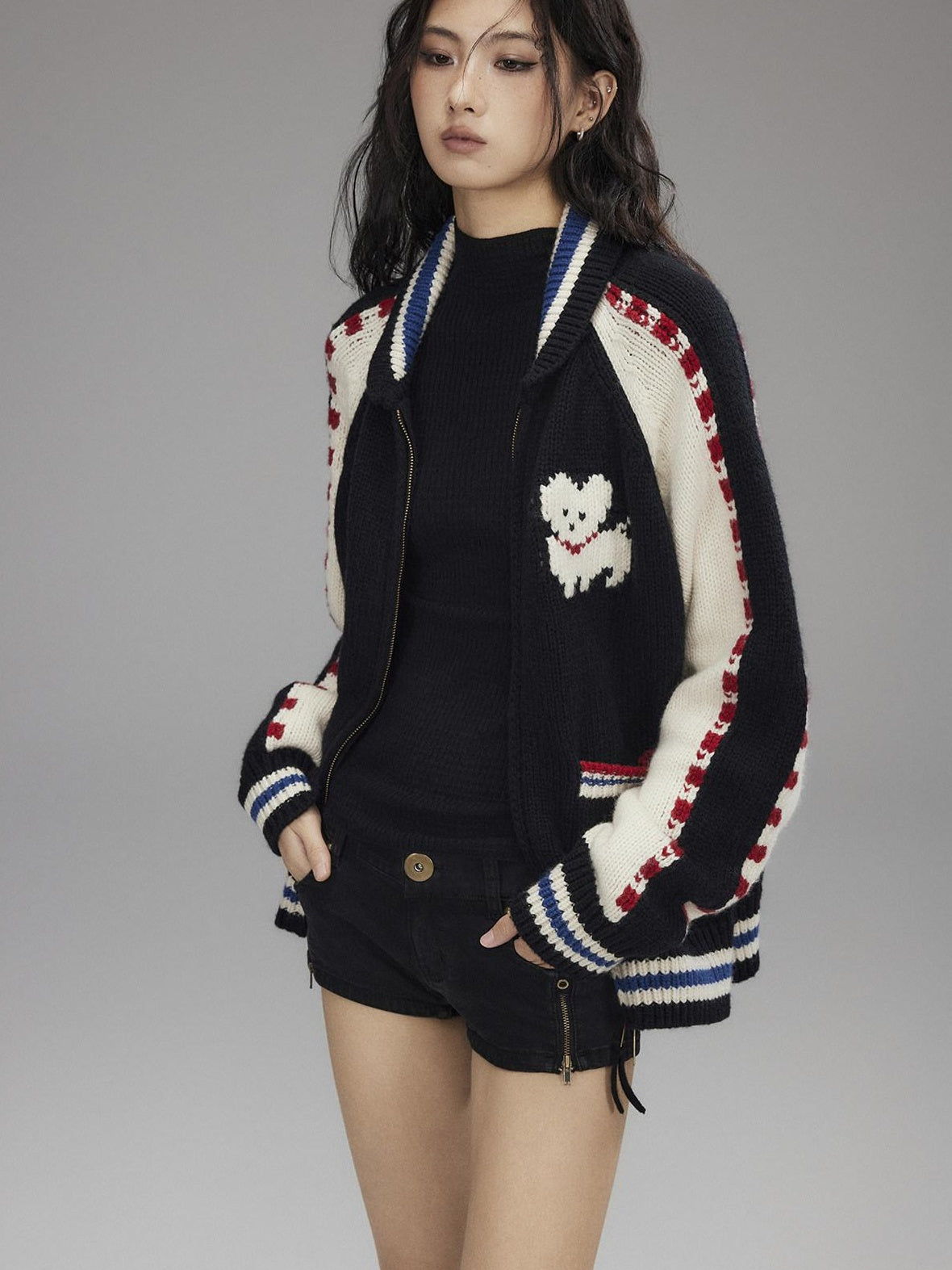 Low pixel Wool Blend Hooded Zip Colorblock Loose Casual Women Animal Print Cropped Jackets