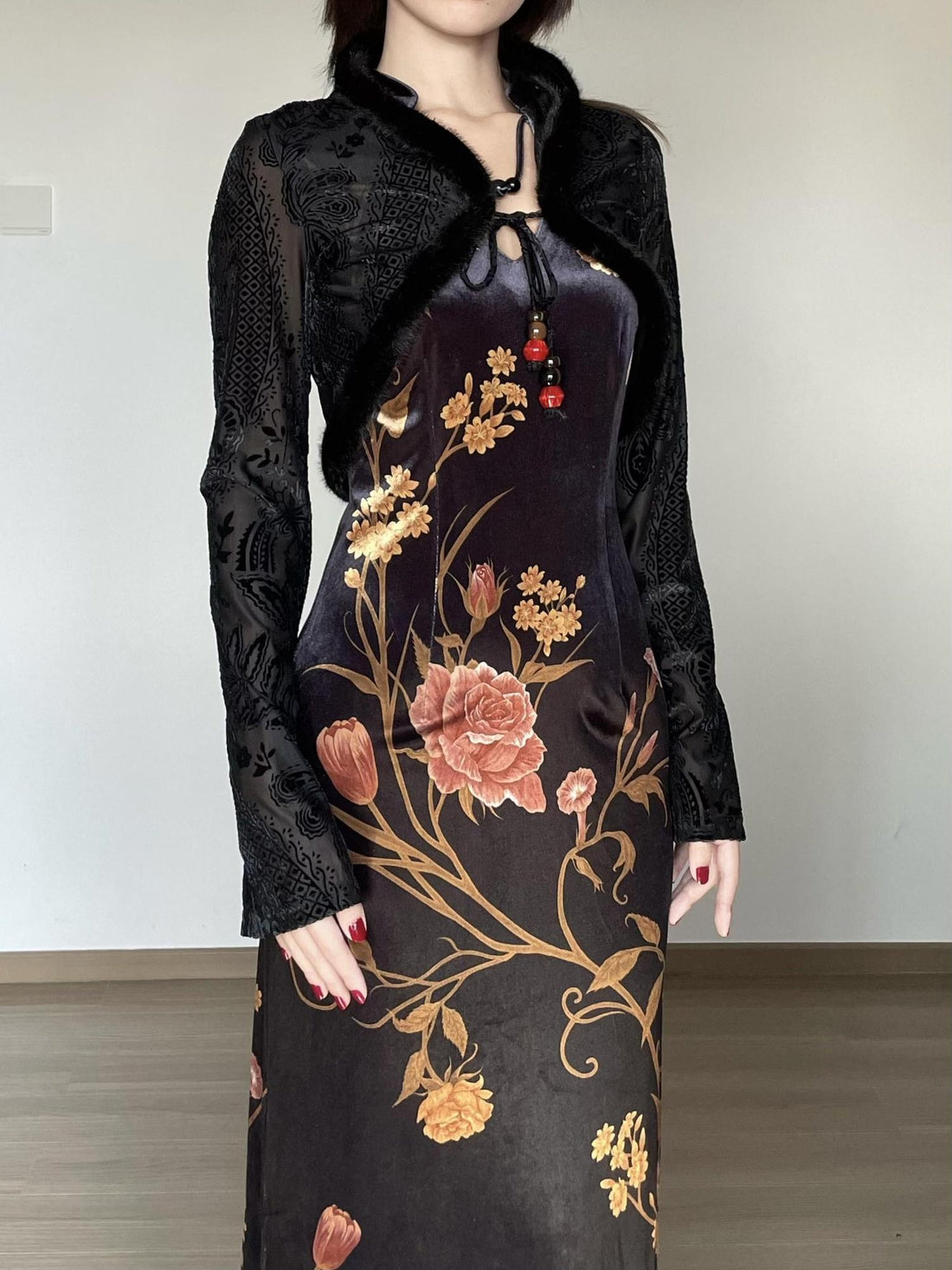 Wet Tail Breathable Floral Cheongsam Vintage Long Sleeve Everyday Casual Maxi Dresses