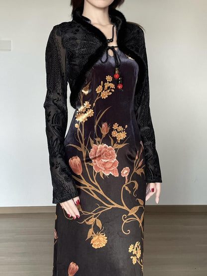 Wet Tail Breathable Floral Cheongsam Vintage Long Sleeve Everyday Casual Maxi Dresses