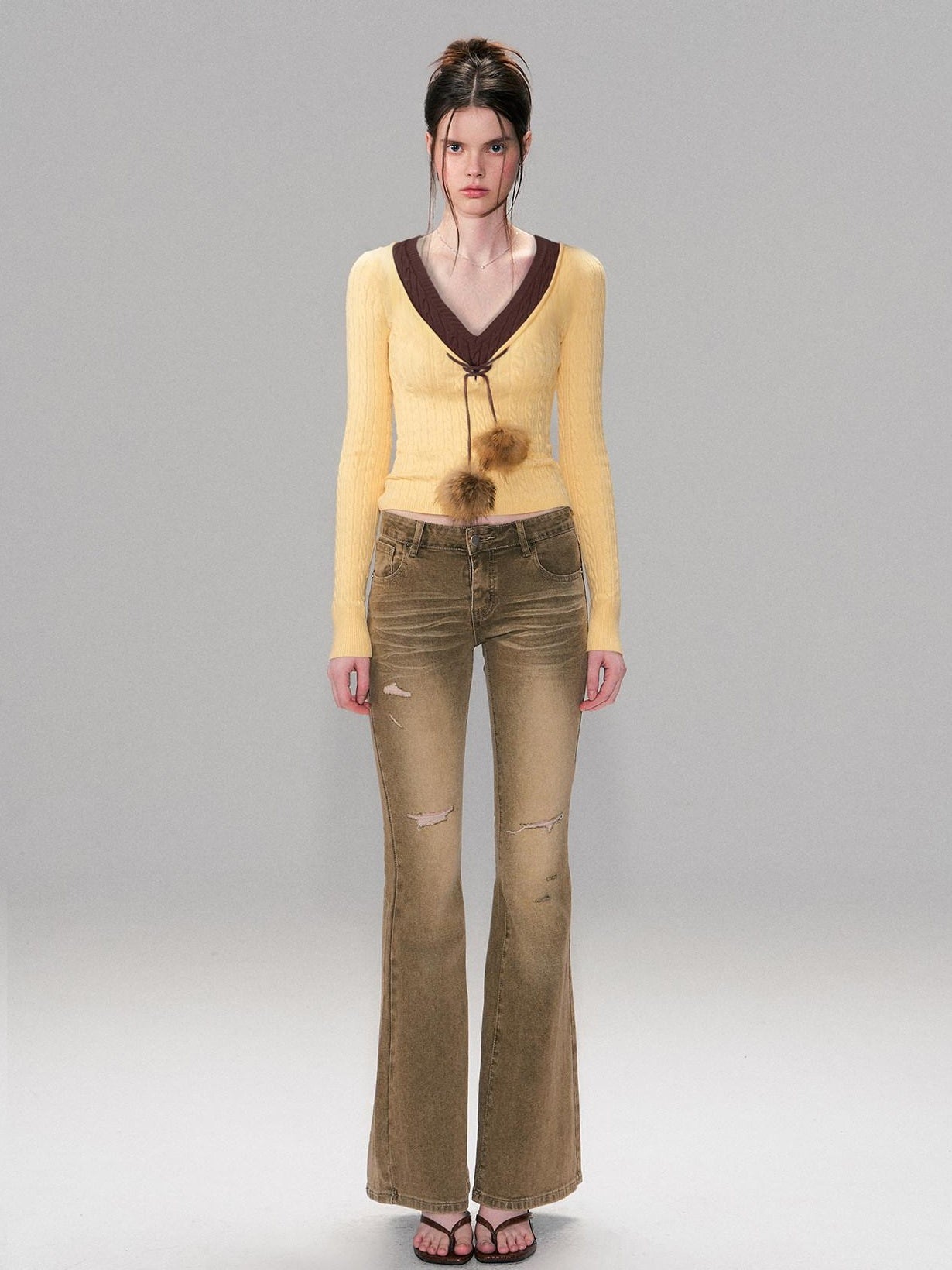 The NeverMore Viscose Blend Slim Fit Faux Layered Cropped Knit Pullover Girls Yellow Sweaters
