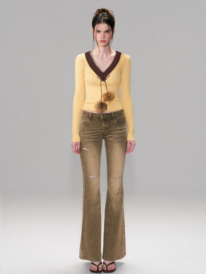 The NeverMore Viscose Blend Slim Fit Faux Layered Cropped Knit Pullover Girls Yellow Sweaters