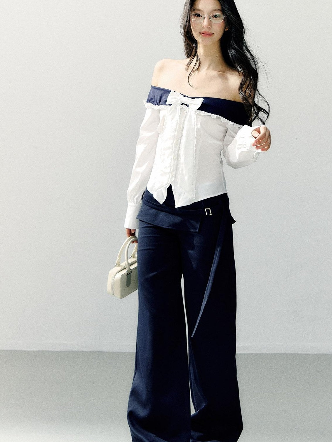 7Shiftin Slimming Off Shoulder Slim Fit Long Sleeve Cotton Bow White Blouses