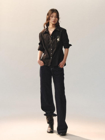 AnnoMundi Embroidered Lyocell Lace Slim Fit Double Collar Long Sleeve Women Black Blouses