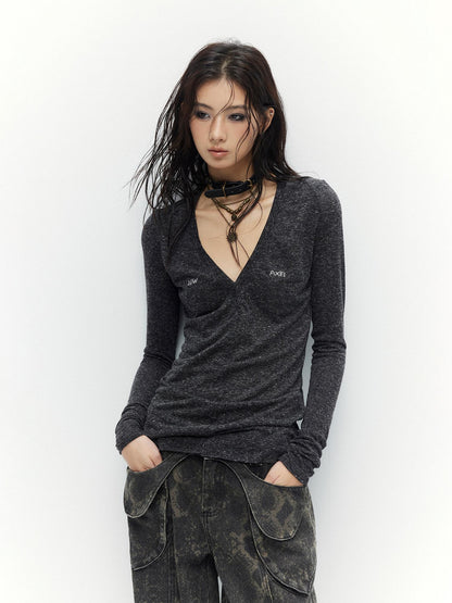 Low pixel Linen Blend Printed Slim Fit V-neck Women Black Long Sleeve T-Shirts