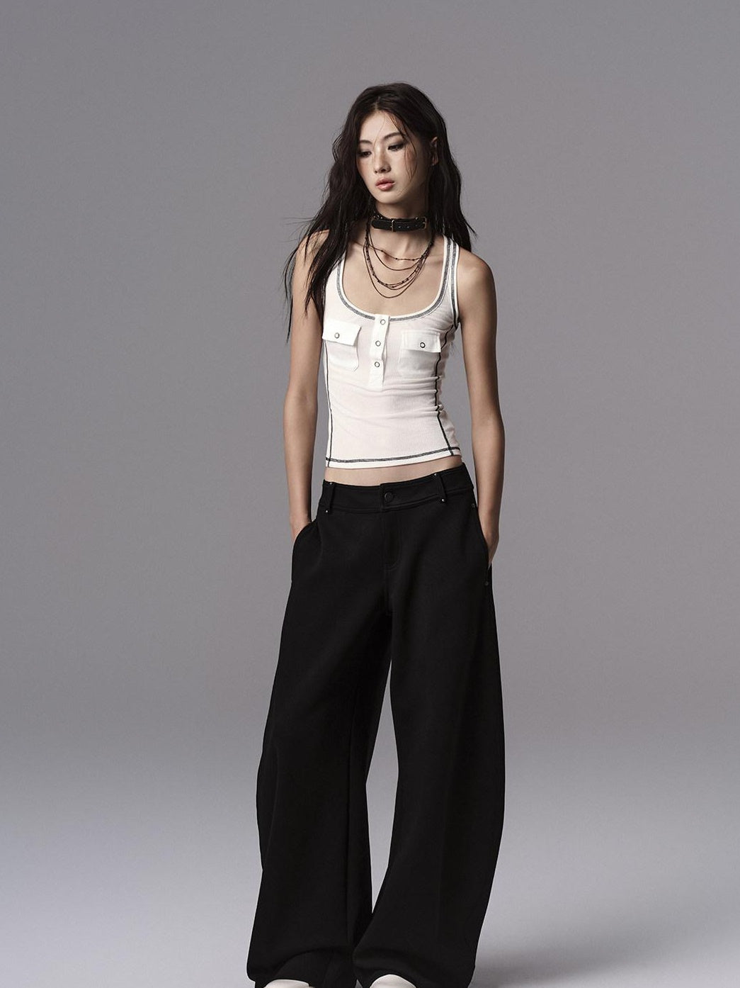 Low pixel Low Waist Dark Minimal Curved Button Fly Black Women Rayon Wide Leg Pants