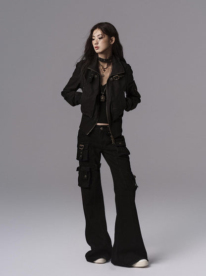 Low pixel Dark Gothic Flared Mid Rise Pocketed Cotton Zip Fly Women Black Cargo Pants