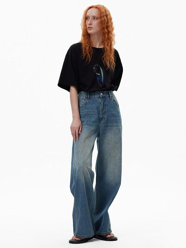RUN TO THE FUTURE Breathable Washed Mid Rise Asymmetrical Multi Pocket Relaxed Blue Straight Jeans