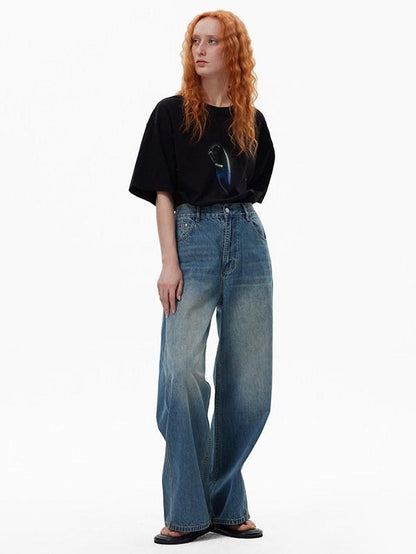 RUN TO THE FUTURE Breathable Washed Mid Rise Asymmetrical Multi Pocket Relaxed Blue Straight Jeans