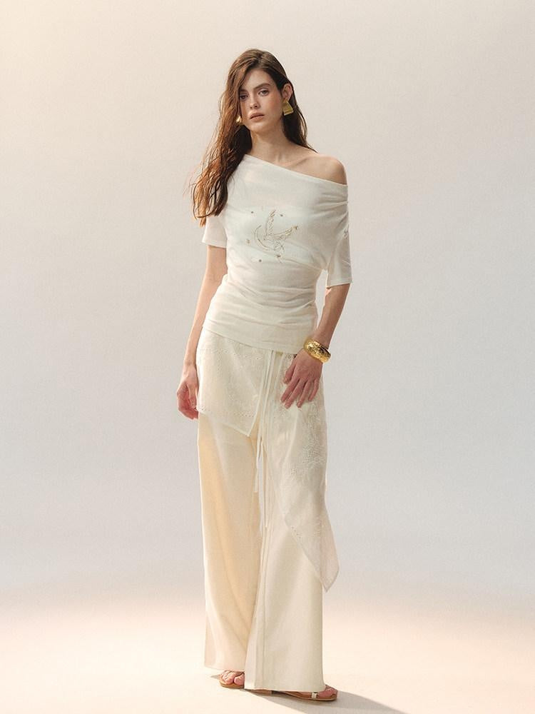 AnnoMundi Beaded Asymmetric Neck Loose Women Lyocell Stretch White Short Sleeve T-Shirts