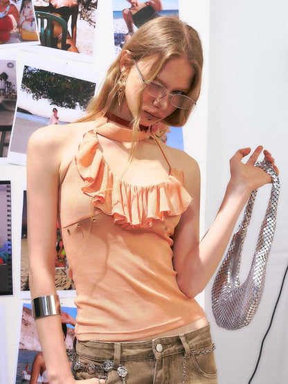 The NeverMore Original Backless Halter Slim Fit Nylon Orange Solid Women Camisoles