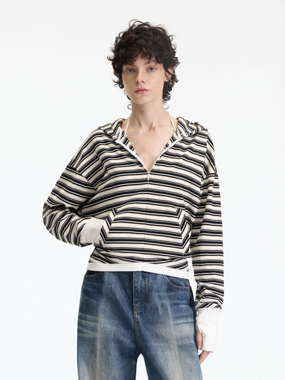 RUN TO THE FUTURE Soft Stretch Cotton Hooded Zip Striped Casual Women Knit Cardigans