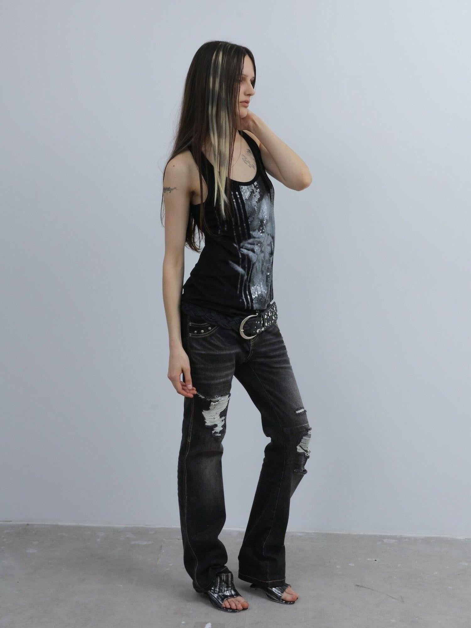 DoublePunch Dark Wash Whisker Distressed Ripped Low Rise Women&