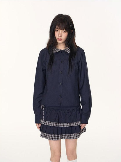 NAPSNAPS Navy Plaid Patchwork Doll Collar Faux Two Piece Women&