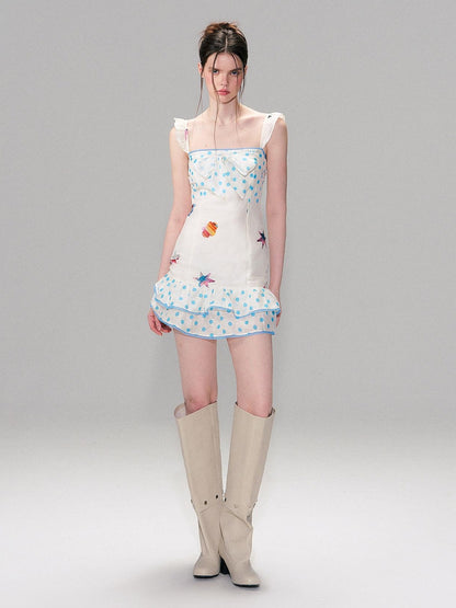 The NeverMore Linen Tie Waist Square Neck Aline Slim Ladies Printed Mini Dresses