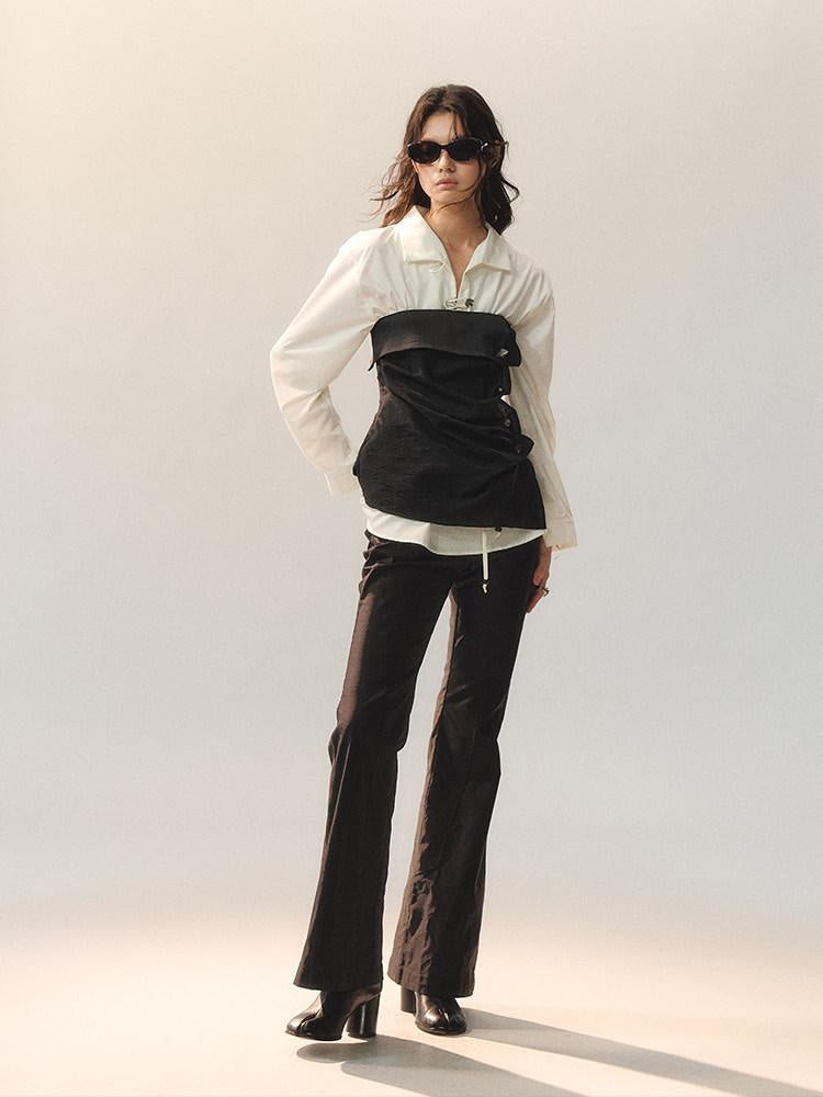 AnnoMundi Stretch Cotton Blend Slim Casual Natural Waist Women Black Straight Pants