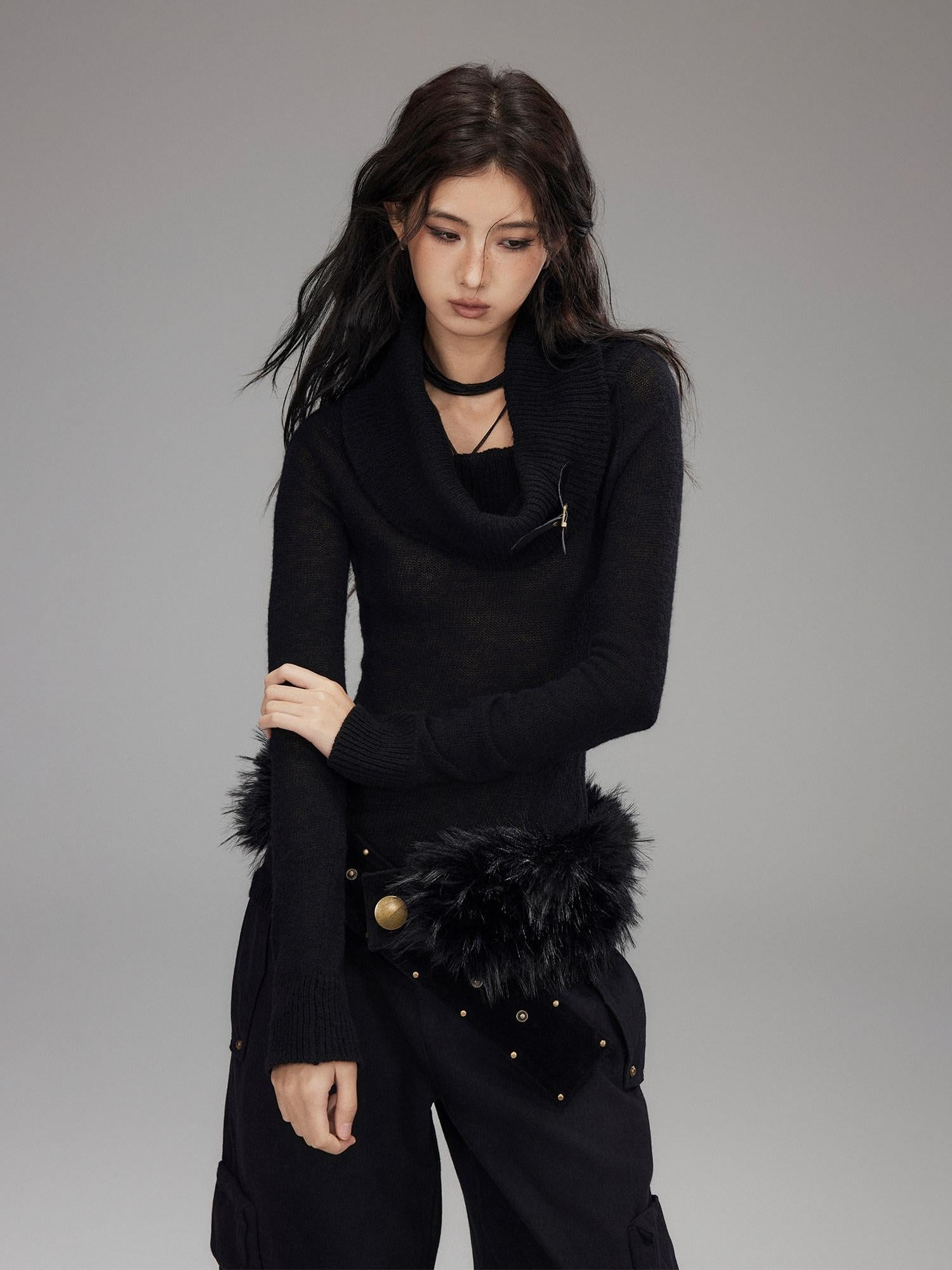 Low pixel Wool Blend Pullover Loose Fit Commuter Boat Neck Black Knit Sweaters
