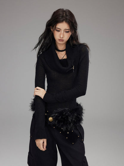 Low pixel Wool Blend Pullover Loose Fit Commuter Boat Neck Black Knit Sweaters