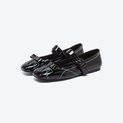 RUN TO THE FUTURE Sheepskin Insole Vintage Square Toe One Strap Low Heel Rubber Sole Women Flats