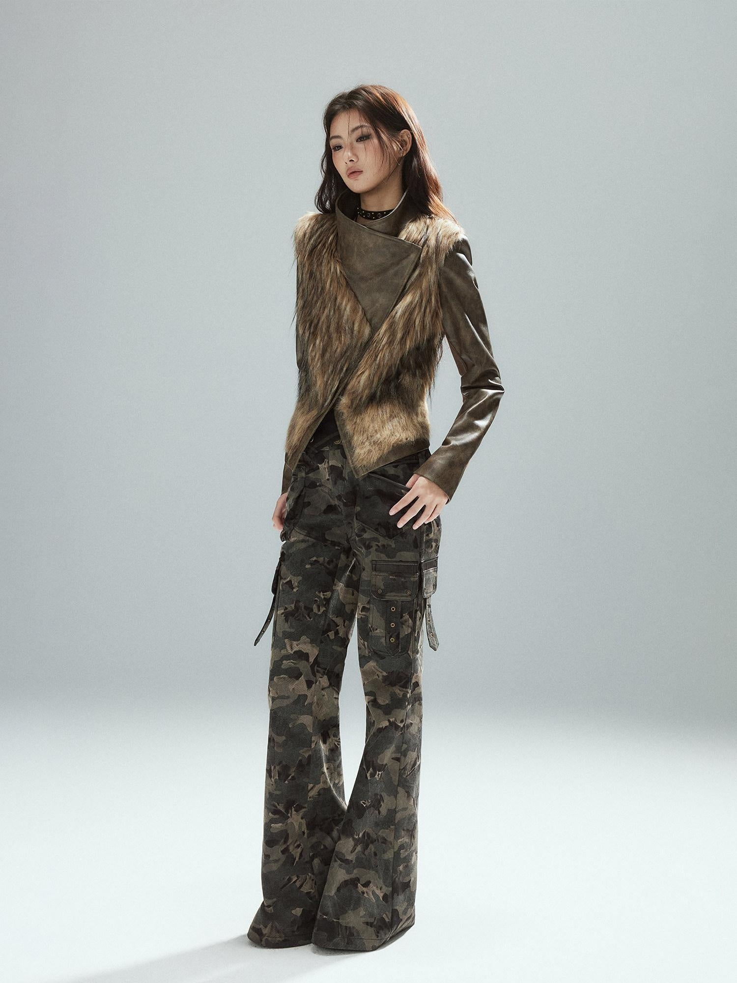Low pixel Thick Waist Cinch Patchwork Street Style Women Brown Zipper Lapel Cropped Jackets