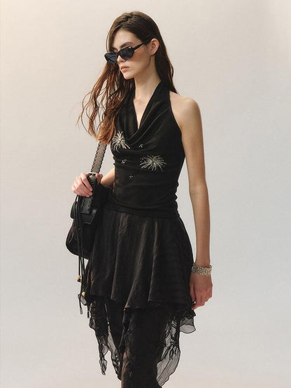 AnnoMundi Airy Lyocell Embroidered Halter Polo Collar Midi Women Black Tank Tops