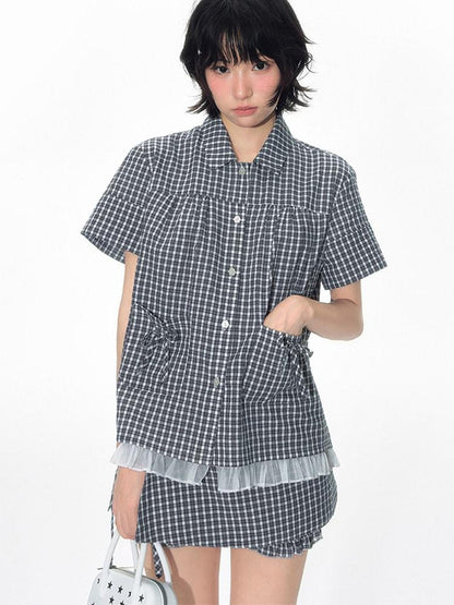 NAPSNAPS Check Patchwork Two Piece Illusion Spliced Gauze Women&