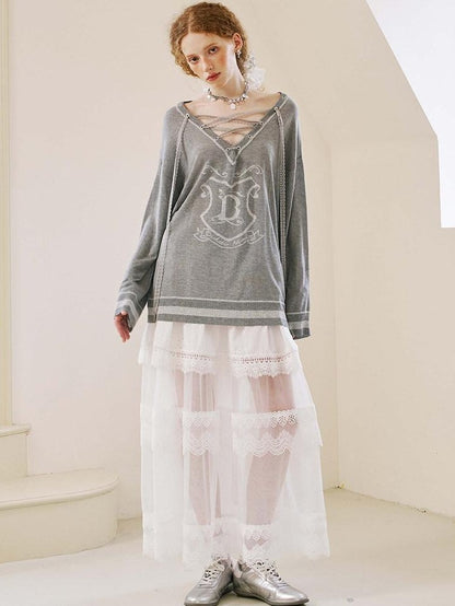 DIDDI MODA White Lace Top Petal Hem Skirt Women&