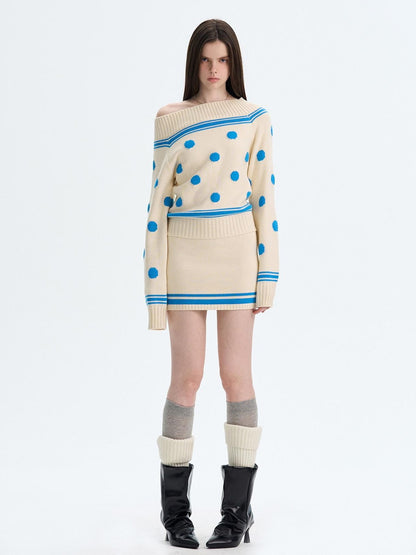 The NeverMore Cozy Thermal Acrylic Wool Polka Dot Boat Neck Relaxed Women Knit Sweaters