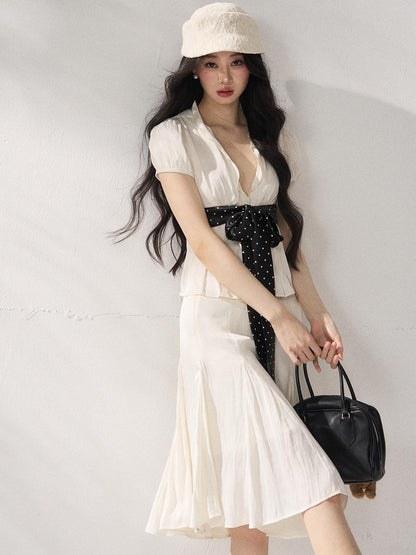 7Shiftin Polka Dot Tie V-neck French Loose Puff Sleeve White Ladies Basic Crop Tops