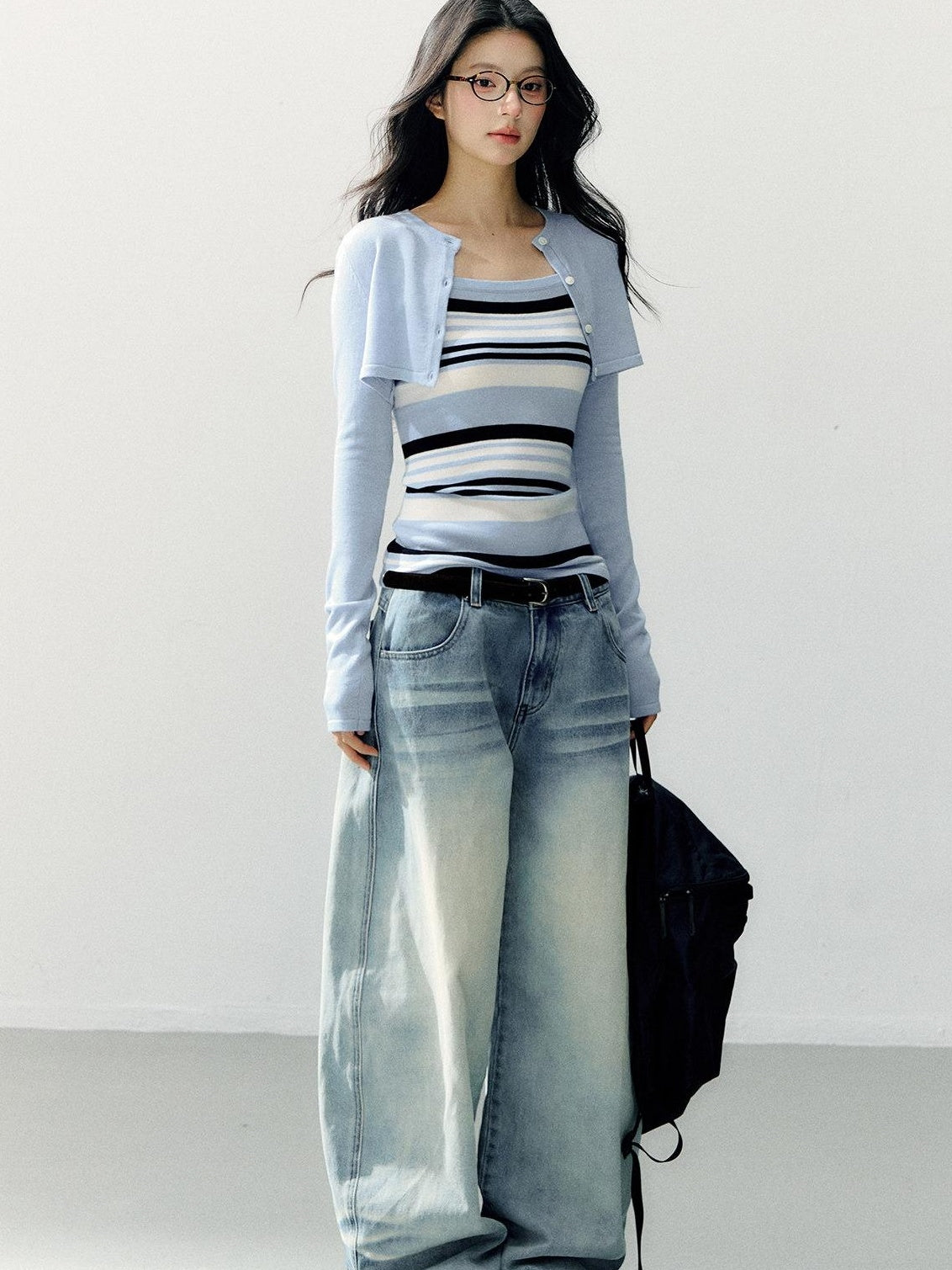 7Shiftin Striped Two Piece Cardigan And Camisole Casual Women Blue Long Sleeve T-Shirts