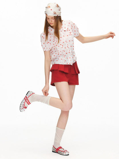 OuttheBlue Waist Cinch Ruffle Casual Puff Sleeve Doll Collar Polka Dot Women Shirts