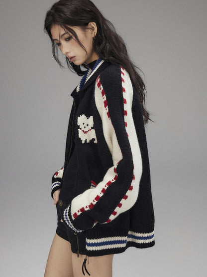 Low pixel Wool Blend Hooded Zip Colorblock Loose Casual Women Animal Print Cropped Jackets