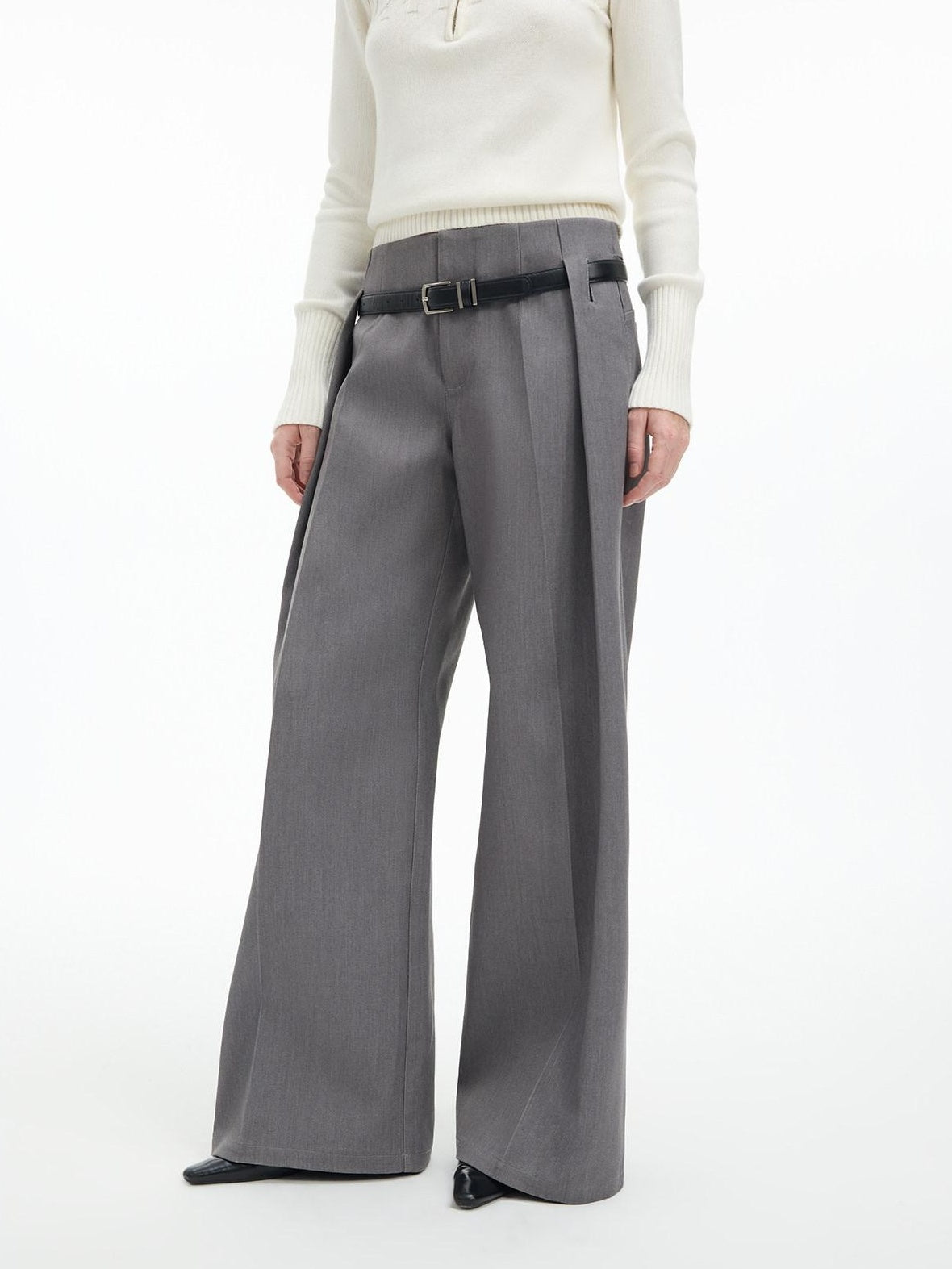 RUN TO THE FUTURE Low Rise Jacquard Minimal Casual Women Light Heather Gray Wide-Leg Pants