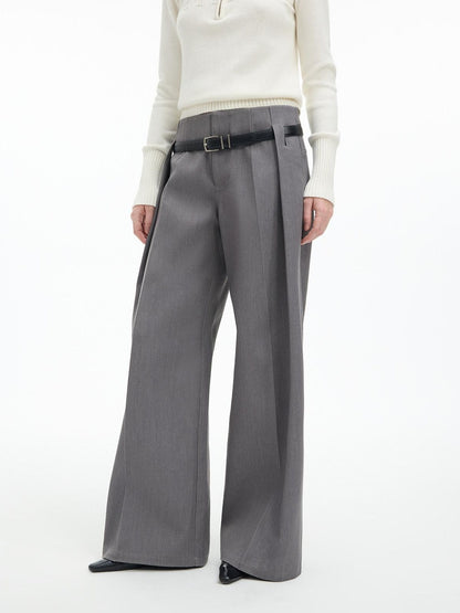 RUN TO THE FUTURE Low Rise Jacquard Minimal Casual Women Light Heather Gray Wide-Leg Pants