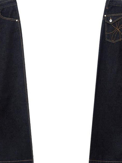 RUN TO THE FUTURE Casual Relaxed Dark Wash Cotton Natural Waist Zip Fly Denim Straight Jeans