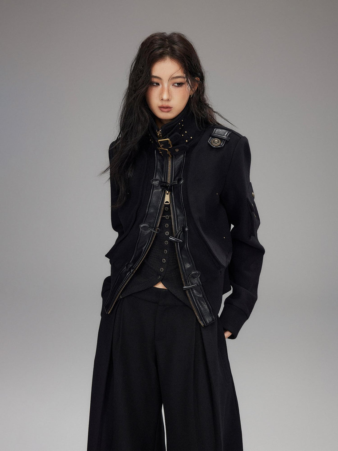 Low pixel Thick Wool Blend Slim Fit Street Hippie Stand Collar Black Cropped Jackets