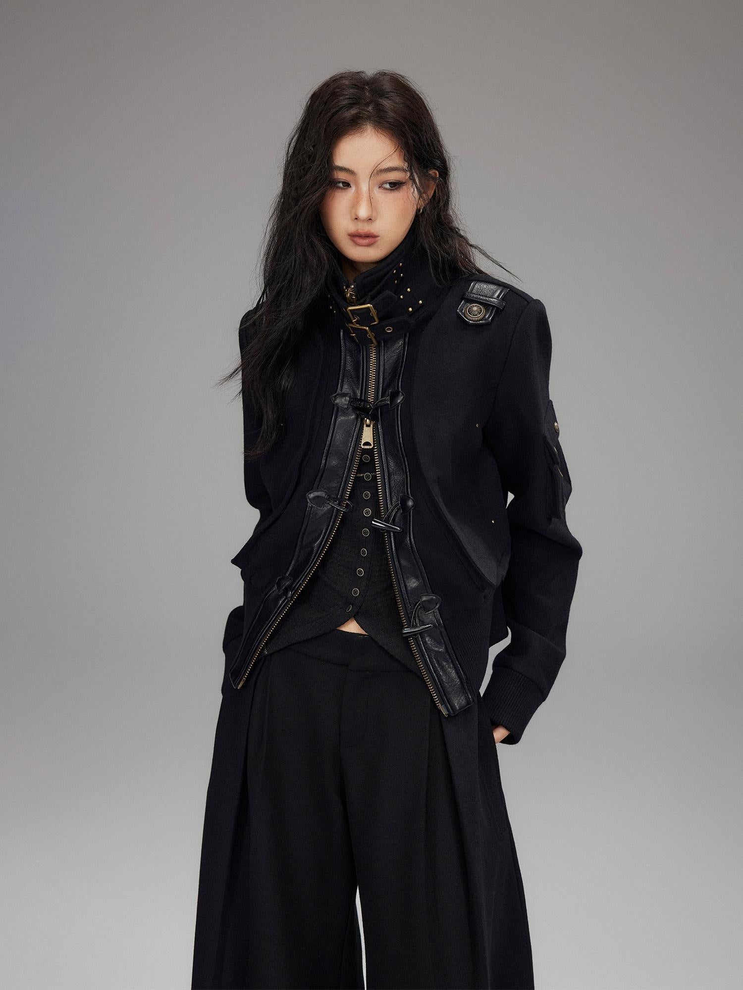 Low pixel Thick Wool Blend Slim Fit Street Hippie Stand Collar Black Cropped Jackets