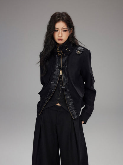 Low pixel Thick Wool Blend Slim Fit Street Hippie Stand Collar Black Cropped Jackets
